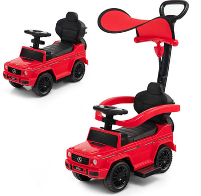 COSTWAY Mercedes Benz Glijauto, 3-in-1 glijbaan met zonnedak, opbergruimte en afneembare beschermbeugel en duwstang, glijvoertuig met motorgeluid en claxon, voor kinderen vanaf 1 jaar, rood