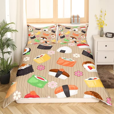 Japan Sushi Koning Koningin Dekbedovertrek Marineleven Beddengoedset Cartoon Japans Eten Dekbedovertrek Kleurrijk Polyester Dekbedovertrek EU single(135x200cm)