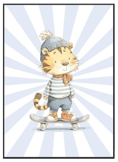 No Filter - Poster jongenskamer – Tijger op Skateboard illustratie – Jongenskamer decoratie – 30x40 cm (A3 formaat) - Kinderkamer decoratie