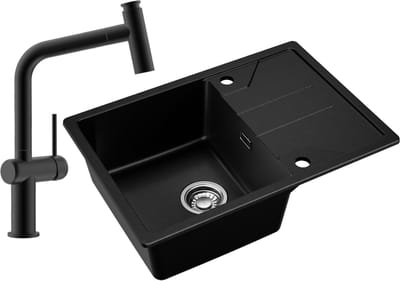 DERW MAX Granieten spoelbak - Spoelbak Keuken Met T-Uitloop Keukenkraan - spoelbak 65 × 45cm - Spoelbak Keuken - Wasbak met waterafvoersysteem