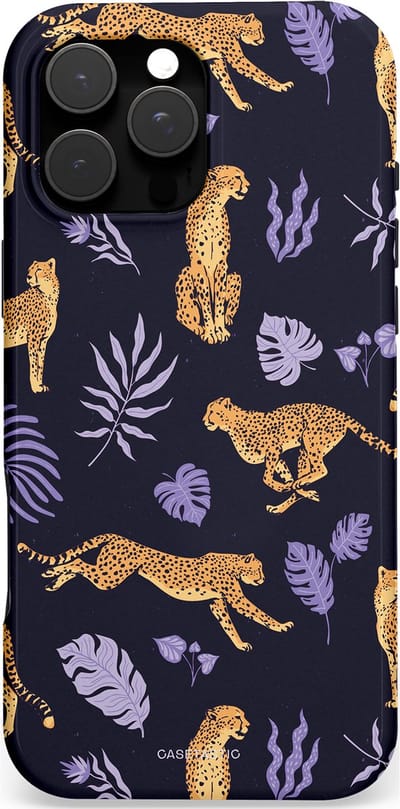 Casetastic hoesje geschikt voor Apple iPhone 16 Pro Max - MagSafe - Dubbellaagse bescherming - Cheetah charisma - Fashion Case - Donkerblauw Lavendel Taupe Perzik
