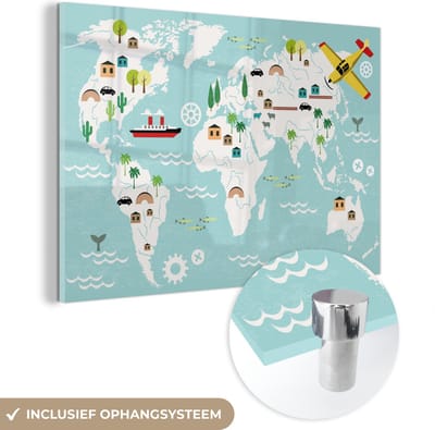 ® Glasschilderij 180x120 cm - Schilderij acrylglas - Wereldkaart - Kinderen - Vliegtuig - Boot - Jongens - Meisjes - Foto op glas - Muurdecoratie woonkamer - Wanddecoratie slaapkamer - Schilderijen
