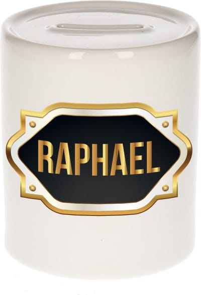 Spaarpot met voornaam Raphael - wit - met goud/zwart embleem - 8 x 9 cm - keramiek - met afsluitdop - cadeau verjaardag