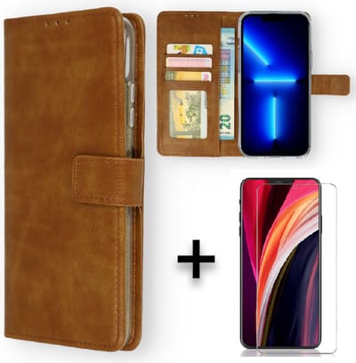 Casemania Hoesje Geschikt voor Apple iPhone 14 Bruin & Glazen Screenprotector - Portemonnee Book Case - Kaarthouder & Magneetlipje