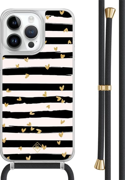 Casimoda® hoesje met zwart koord - Geschikt voor iPhone 14 Pro Max - Hart Streepjes - Afneembaar koord - TPU/polycarbonaat - Zwart