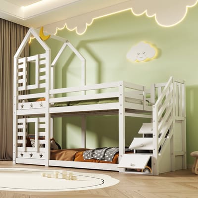 OKWISH Kinder Stapelbed 90x200 cm - Huisvorm Met Maan En Sterren - Trap Met Ingebouwde Kasten - 2 Schuifladen - Voor Kinderkamer - Hout - Wit - Zonder matras