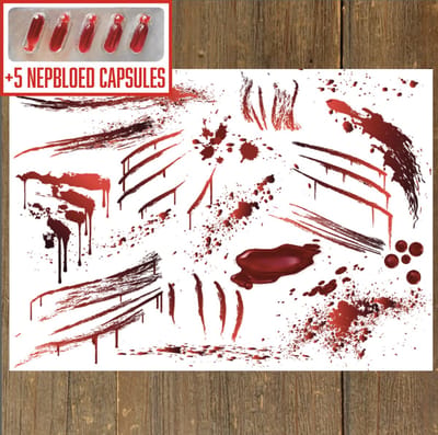 GetGlitterBaby® - Tattoo + Nep Bloed Capsules / Halloween Horror Decoratie Versiering / Carnaval Schmink Make Up Plak Tattoos / Tijdelijke Tattoo / Nep Tatoeage + Vloeibaar Dik Rood Bloed / Nepbloed / Nep Wond / Fake Kunst Blood - 5 Capsules