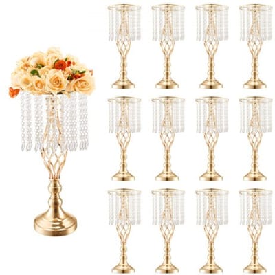 VEVOR 12 stuks 49 cm hoge kristallen glazen bloemenstandaard voor bruiloften, metalen vaas voor bruiloftsstukken, gouden bloemenhouders, bloemenstandaards voor tafels, bruiloftsdiners, feesten, ceremonies, verjaardagsfeesten