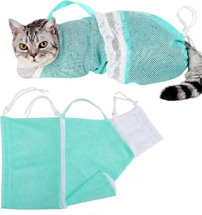 Verstelbare Bad- en Verzorgingstas voor Katten en Honden, Veiligheidsnet voor Douche, Oorreiniging en Nageltrimmen, Antikras en Antibijten (Groen + Wit)
