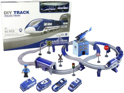 Playos® - Treinbaan - Politie - 92 delig - Blauw - Inclusief Helikopter en Politieauto's - met Accessoires - Rollenspel - Speelgoed