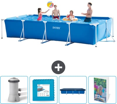 Intex Rechthoekig Frame Zwembad - 450 x 220 x 84 cm - Blauw - Inclusief Zwembadfilterpomp - Vloertegels - Afdekzeil - Zwembadgids
