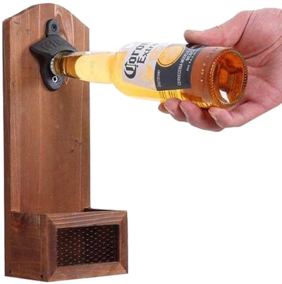 TOVBMUP Flessenopener - Vintage houten flesopener voor aan de muur - Met flessendopverzamelaar - Ideaal cadeau voor mannen en bierliefhebbers - Kan worden gebruikt als bardecoratie