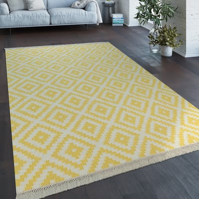 Paco Home Vloerkleed Modern Marokkaans Patroon Handgeweven Scandinavisch Ruiten Franje Geel Wit 120x170 cm