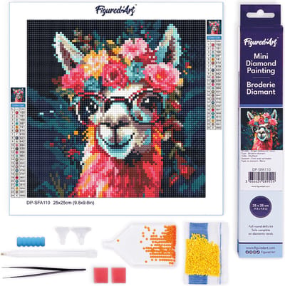 Figured'Art Mini Diamond Painting set Volwassenen 25x25 cm Modieuze lama met bloemen - 5D DIY Art full drill ronde diamant - Opgerold canvas