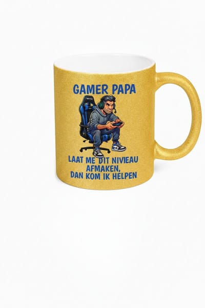 Gamer Papa Gouden Glitter Mok - Laat me dit niveau afmaken, dan kom ik helpen!