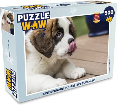 Puzzel Sint Bernard puppie likt zijn neus - Legpuzzel - Puzzel 500 stukjes