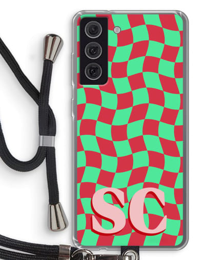 Gepersonaliseerd - Case Company® - Hoesje met koord geschikt voor Samsung Galaxy S21 FE hoesje met Koord - Grid Monogram - Telefoonhoesje met Zwart Koord - Bescherming aan alle Kanten en Over de Schermrand