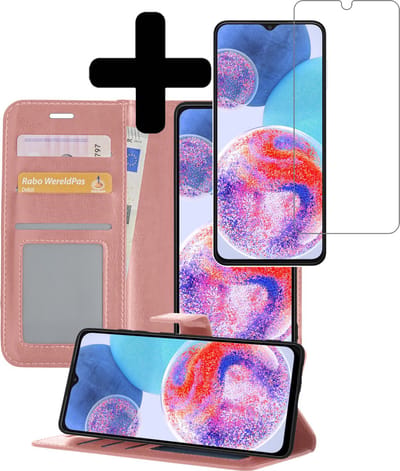 Hoesje - Met Screenprotector - Geschikt voor Samsung Galaxy A23 - Luxe Pasjeshouder - Bookcase Portemonee - Flip Case - Kunstleer Book Case - Flipcase - Book Cover - Walletcase - Portemonneehoes - Telefoonhoesjes - Rosé goud