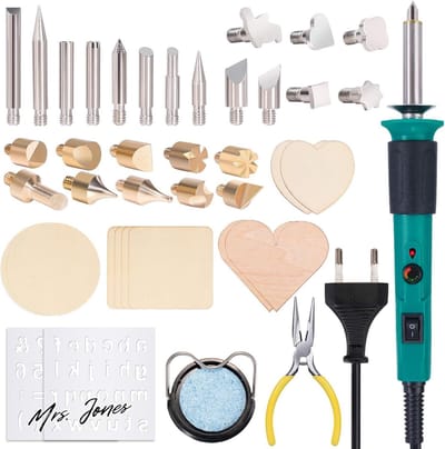 Mrs. Jones brandschilderen soldeerbout set - houtvuurwerk solid-point vuurdrukpen - instelbare temperatuur - 26 verwisselbare penpunten - PU-draagtas met ritssluiting .