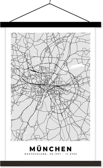 Posterhanger incl. Poster 40x60 cm - Schoolplaat - Plattegrond - München - Kaart - Stadskaart - Duitsland - Textielposter - Zwarte latten - Stadskaart