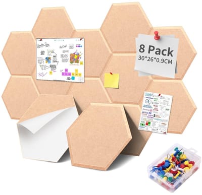Dailygoods- Prikbord Zeshoekig - Set van 8 - 30x26x0,9 cm - Akoestische Panelen - Zelfklevend - Inclusief 35 Punaises - Wanddecoratie