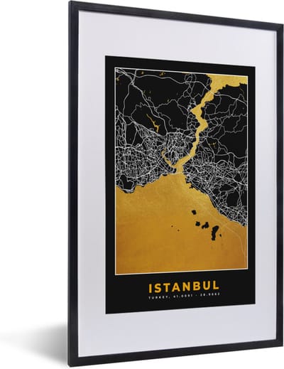 Fotolijst incl. Poster - Istanbul - Plattegrond - Goud - Stadskaart - Kaart - 40x60 cm - Posterlijst