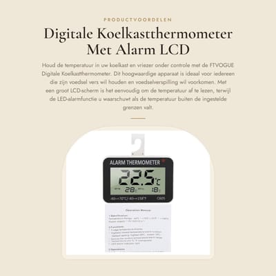 Dailygoods- Koelkastthermometer Nauwkeurig - Digitale Koelkastthermometer - LCD Scherm - Alarmfunctie - Haak Ontwerp - Temperatuurmeetbereik -40°C/+70°C - Diepvriesthermometer