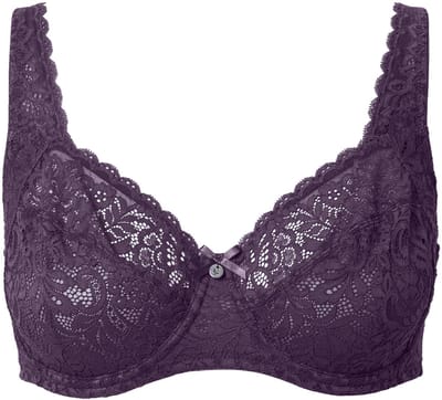 Ulla Popken - Dames - Beugelbeha gebloemd kant zuiver kant - Aubergine - Maat 95F