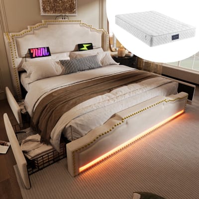 Gutent-Gestoffeerd bed 140x200 cm-tweepersoonsbed met 4 lades-opbergbed en jeugdbed met lattenbodem-fluweel-beige-met matras