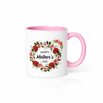 Happy Mother's Day Mok - Roze Oor en Binnenkant - Elegante Bloemenkrans met Rode Rozen - 330ml