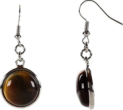 Edelstenen oorbellen Tiger Eye Round - oorhanger - bruin - tijgeroog - sterling zilver (925) - rond - luxe sieraden zakje - bruine oorbellen - oorbellen dames