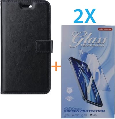 Bookcase Geschikt voor: Apple iPhone 16 Pro Max - Zwart - portemonnee hoesje - + 2X Tempered Glass Screenprotector