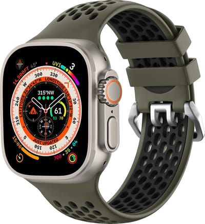 Strap-it Sportbandje met gesp - Geschikt voor Apple Watch bandje - Series 1/2/3/4/5/6/7/8/9/10/11/SE/SE2/SE3 - Legergroen/Zwart - Siliconen bandje voor sport - Loop iWatch bandje maat: 38 / 40 / 41 / 42mm