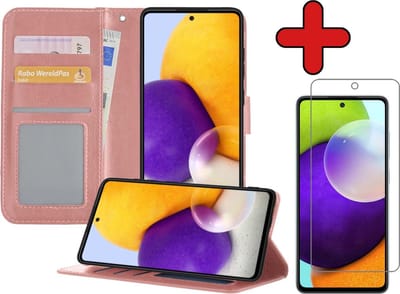 Hoesje - Met Screenprotector - Geschikt voor Samsung Galaxy A52 5G - Luxe Pasjeshouder - Flipcase - Bookcase Portemonee - Flip Case - Kunstleer Book Case - Book Cover - Walletcase - Portemonneehoes - Telefoonhoes - Rosé goud