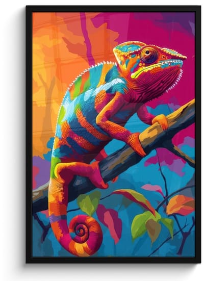 Poster in lijst - Fotolijst 60x90 cm - Posters - Kameleon - Tak - Gestreept - Bladeren - Posterlijst zwart - Decoratie - Wanddecoratie woonkamer - Muurdecoratie slaapkamer