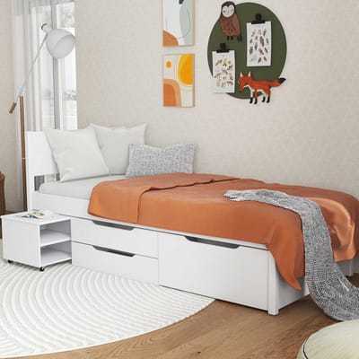 Interlink Efetivo Opbergbed 90 x 200 cm - Inclusief lattenbodem - 2 opberglades & uitschuifbaar nachtkastje - Massief grenen - Wit