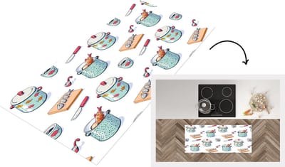 Keukenloper - Loper keuken - Patronen - Koken - Eten - Vis - Pan - 120x50 cm - Keukenloper vinyl