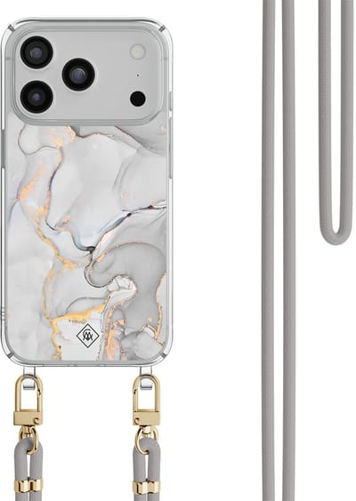 Casimoda® hoesje met grijs koord - Geschikt voor iPhone 17 Pro Max - Marmer Grijs - Afneembaar koord - TPU/polycarbonaat - Grijs