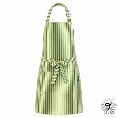 Culinary Stripe Keukenschort - Olijfgroen Crème Lijnen - 60x80 cm - Kookschort met Zakken en 86 cm Tailleband - Horeca - Keukenschort Dames - Keukenschort Heren
