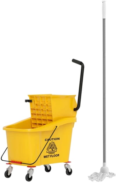 Schoonmaakkar - Schoonmaakwagen - 36L Dweilwagen - Mobiele Dweil Emmer - Schoonmaakemmer - met 4 Wielen - met Wringer, Dweilhouder en Steel - Geel