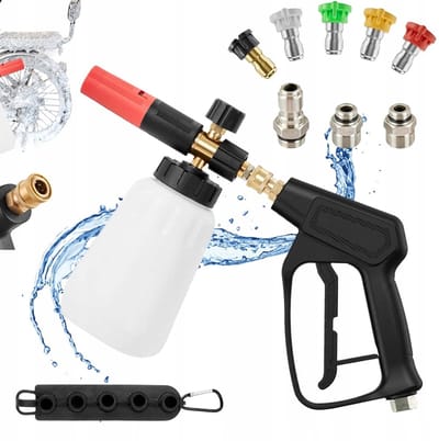 Autowaspistool - Hogedrukreiniger Pistool - 4000PSI - Schuimspuit & Waterpistool - Instelbare schuimstraal - Wit - 1L - 5 Sproeiers & Universele Adapters