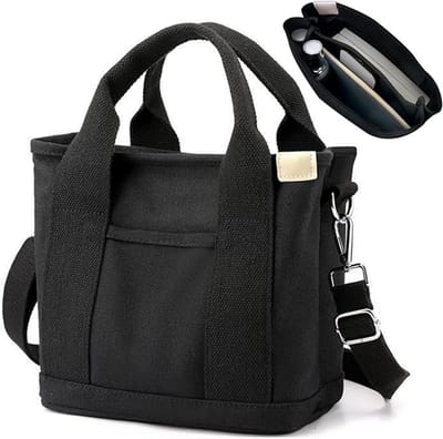 Famanu - Draagtas, canvas, dames, handtas, schoudertas, shopper met ritssluiting, voor dagelijks gebruik, school, winkelen, werk, reizen, Zwart-S