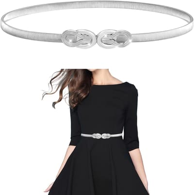 Dunne Elastische Tailleband voor Dames, Zilveren Skinny Riem met Metalen Gesp voor Jurken en Casual Outfits