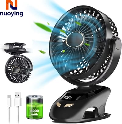 Kinderwagen Ventilator met Clip – USB Oplaadbaar 6000mAh – 5 Standen – Digitaal Display – 90° Kantelbaar – Bureauventilator – Zwart