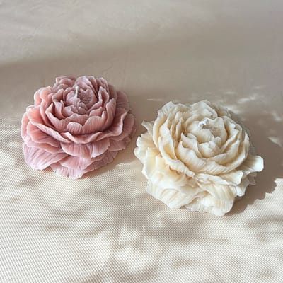 Set van 2 Pioenroos Kaarsen - Romantische Bloemenkaarsen - Handgemaakt van Koolzaadwas - Vegan & Ecologisch - Vintage Roze & Savannah Beige kleur - Cadeau & Woondecoratie