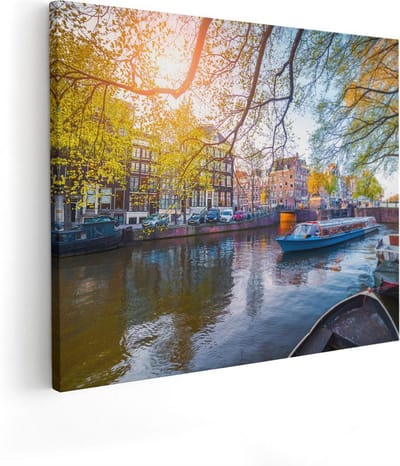 Artaza Canvas Schilderij Amsterdamse Grachten - 100x80 cm - Groot - Wanddecoratie Amsterdam - Muurdecoratie Herfst - Schilderijen Op Canvas