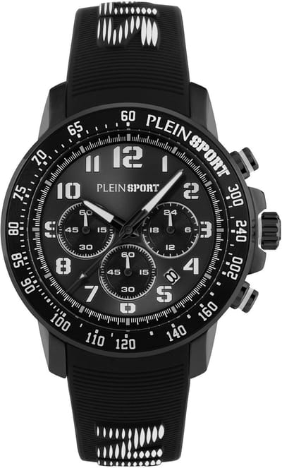 Plein Sport Chronorace Quartz Chronograaf Horloge Zwart Kast Gemaakt Van 100% Gerecycled Roestvrij Staal En Een Armband Van 100% Siliconen 45 PSJGA0126, PSJGA0226, PSJGA0326, PSJGA0526