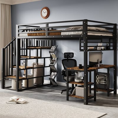 MODFU – Hoogslaper – 120x200 cm – Bureau & Opbergrek – Trap met Leuningen – Metaal – Zwart & Donker Walnoot