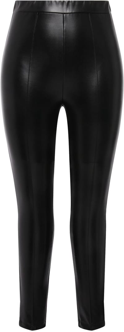 Ulla Popken - Dames - Legging leren look slim elastische tailleband siernaden - Zwart - Maat 58+