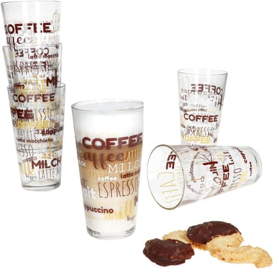Set van 6 CANDY latte macchiato glazen met opschriftdecoratie 380ml